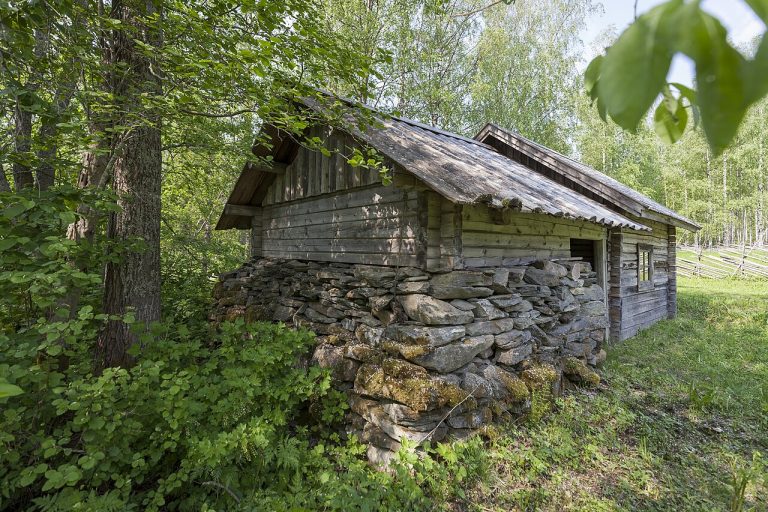 Traditional wooden smoke sauna at Telkkämäki Heritage Farm in Finland.
