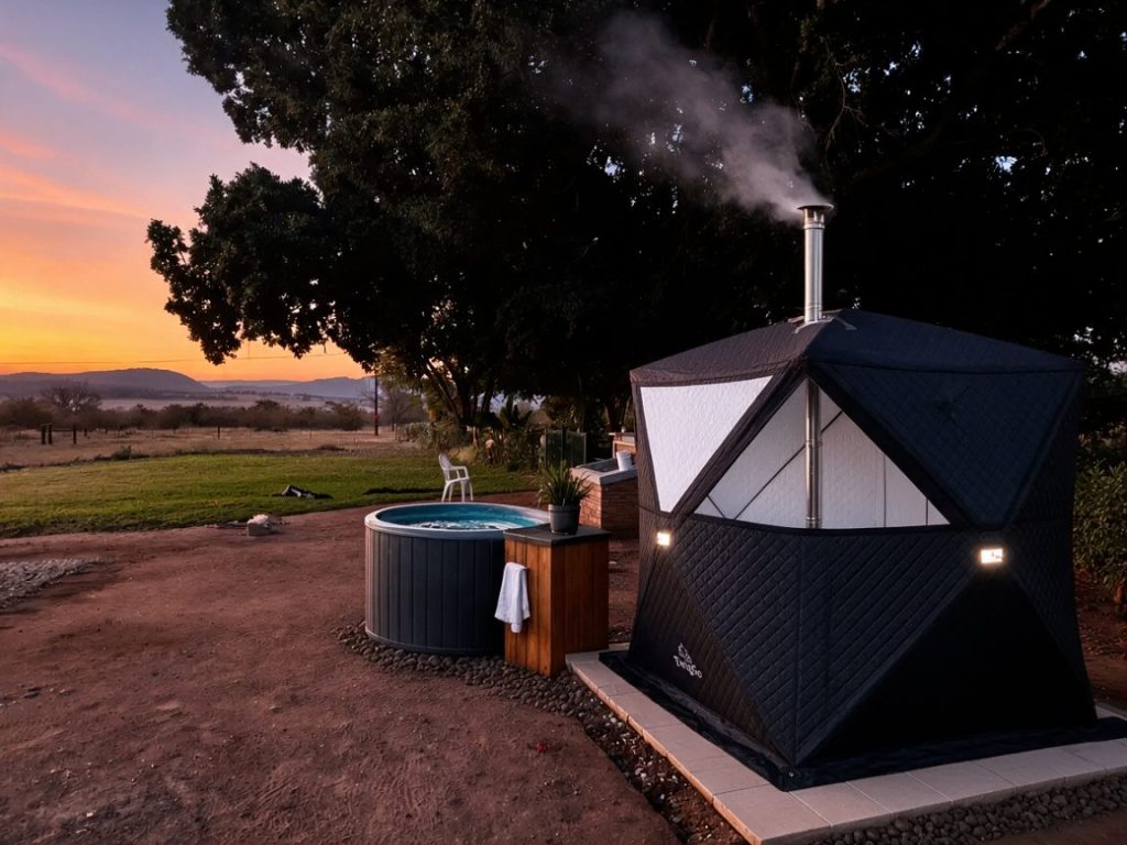 Collage of TwigGo portable sauna tent and accessories
