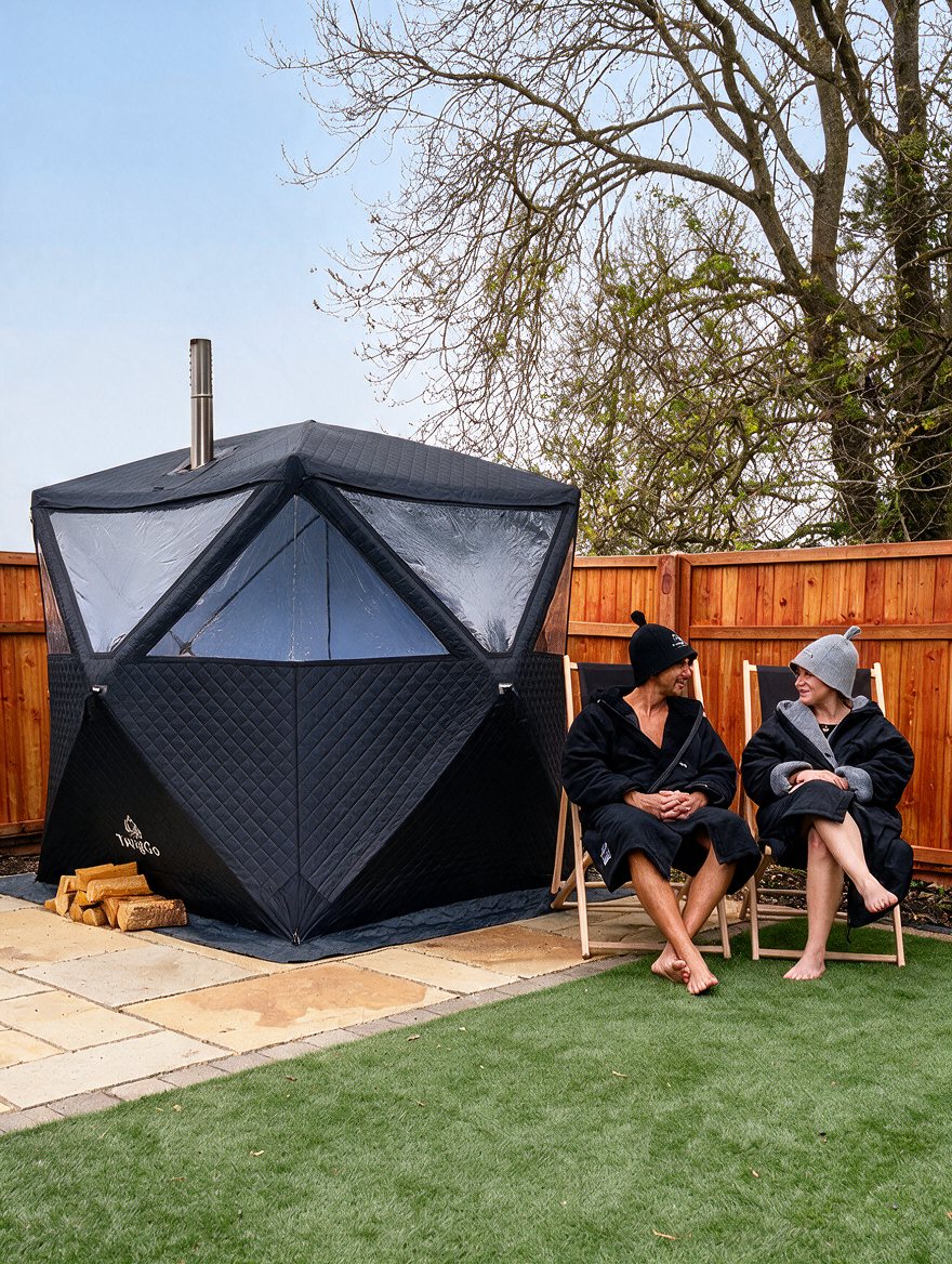 Guests relaxing beside a TwigGo sauna tent