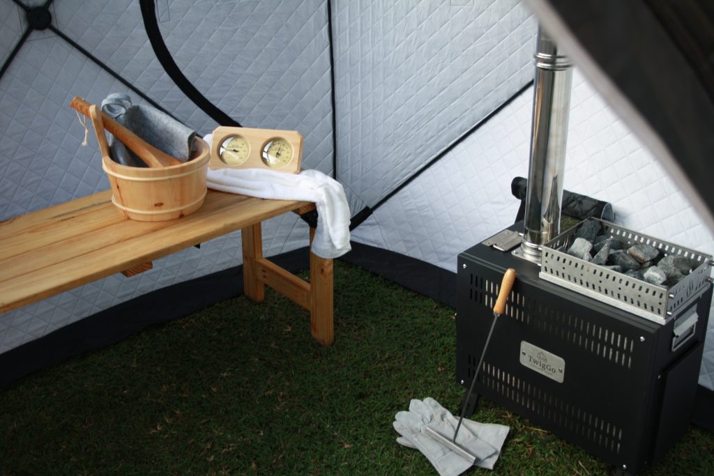 TwigGo portable sauna tent set up outdoors