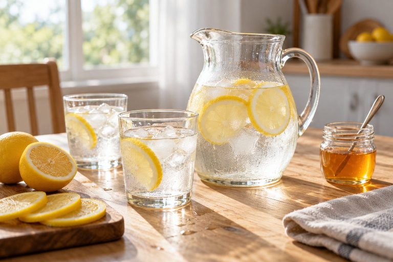 Glass of lemon water beside a journal